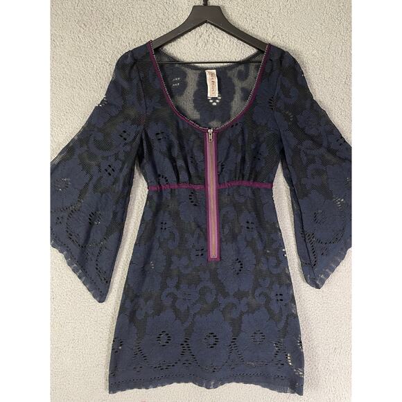 Free People Navy Lace Mini Dress Small Boho Sheer Bell Sleeve Festival Outfit - Picture 11 of 12